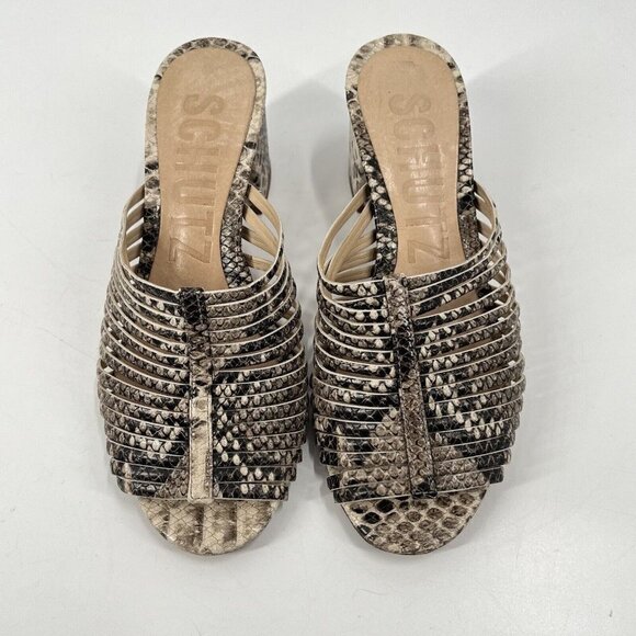 Schutz Leather Snakeskin Sandals Block Heel Sz 7 - Picture 2 of 8